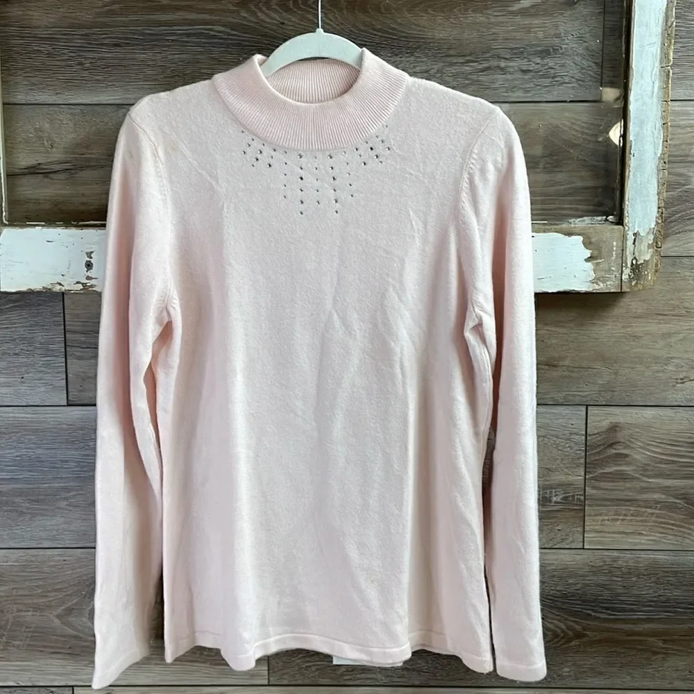 Mercer Street Studio Ladies Pink Crew Neck Sweater With Rhinestones, Size Large